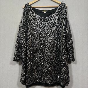Joan Boyce Blouse Top 3X Black Silver Sequin Jewel Lined Glam Evening Statement